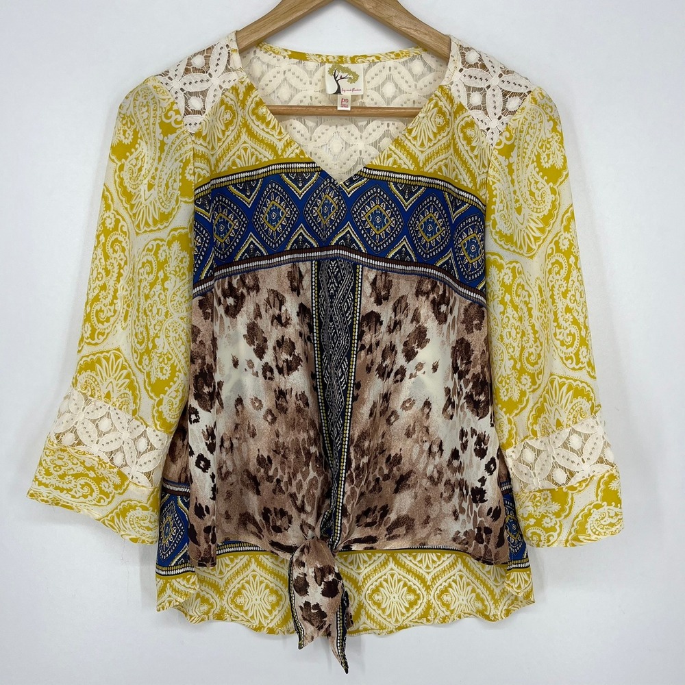 Fig and Flower Women Petite Small Yellow Mixed Print Leopard Paisley Lace Blouse